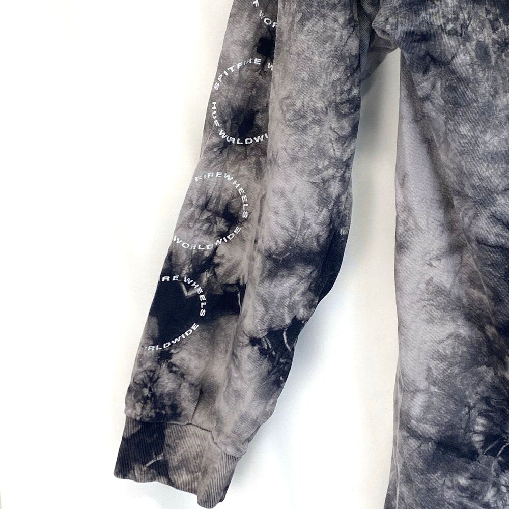 HUF x Spitfire Tie Dye Burn Faster Flame Logo Lg Sleeve Tee Black Gray Sz M FLAW - Picture 7 of 15